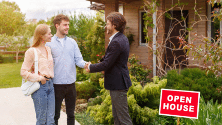 A photo of a real estate agent hosting an open house.