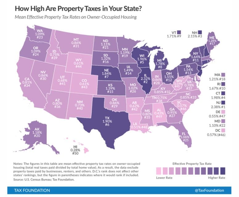 Map showing how high property taxes are in each state.