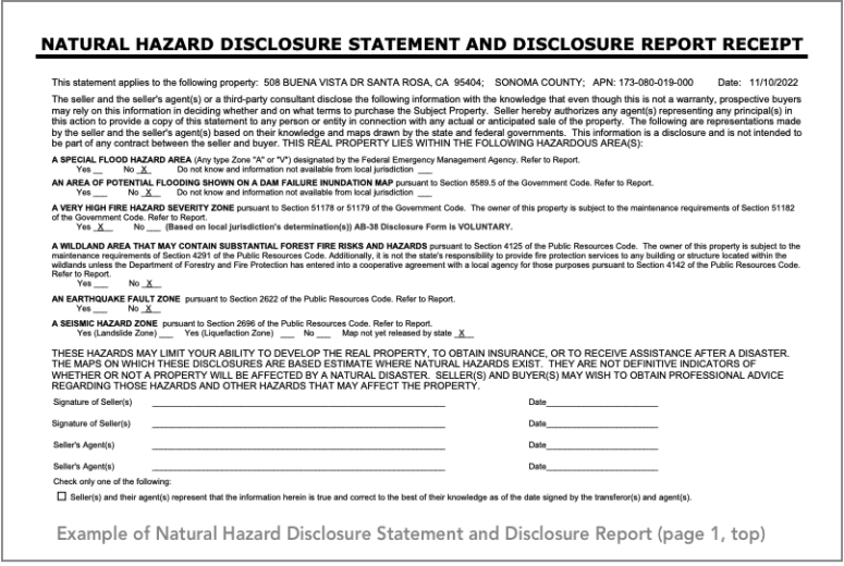 Natural Hazard Disclosure Statement and Disclosure Report Receipt