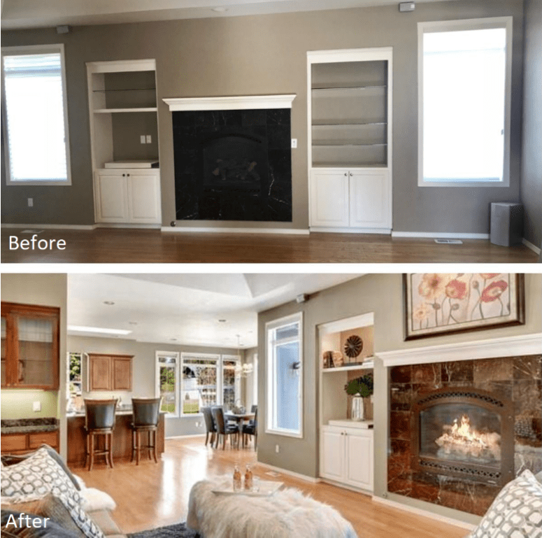 An image showing before and after staging a home with a furniture rental.