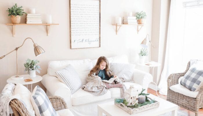 A girl in a downsized home with Marie Kondo's help.