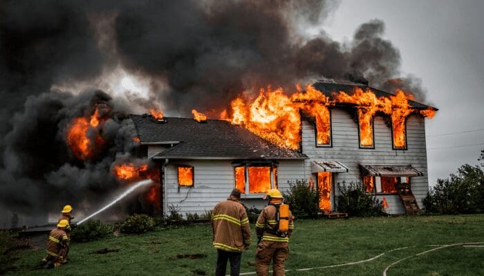 A house with homeowners insurance on fire.