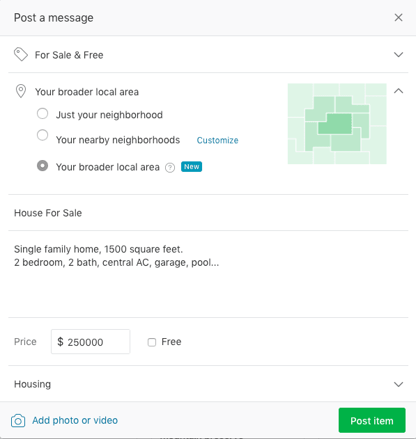 A house listing for sale on Nextdoor.
