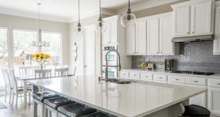 A kitchen in a house that was staged on a budget.