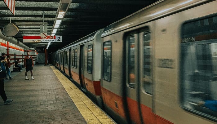 A train in Boston near a house you can buy.