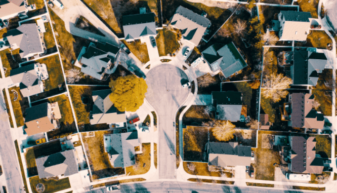 Colonial homes from an aerial view.