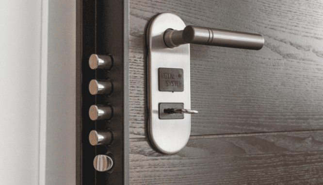 A door with new locks, something you should do to get settled in your new home.