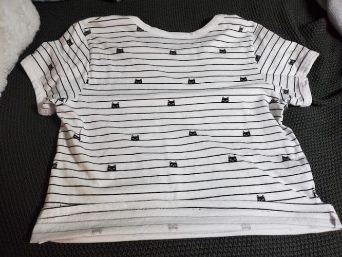 A shirt with a lined cat print laid flat with its hem folded up three inches for a military roll pouch to show how to pack clothes for moving