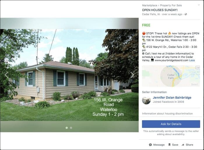 an open house advertisement in the facebook marketplace area with picture to attract potential buyers