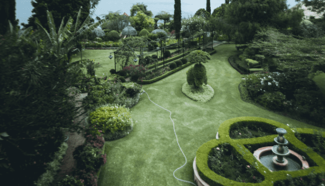 A sloped backyard that's been landscaped.