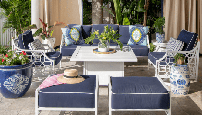 A sitting area in a backyard patio.