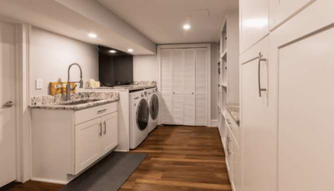 A basement designed to be a laundry room.