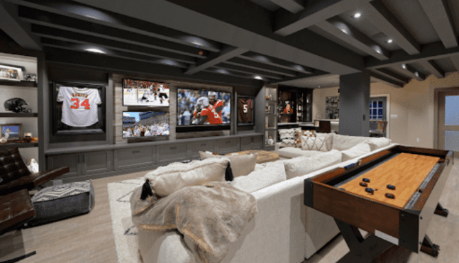 A basement designed to be a gameroom.