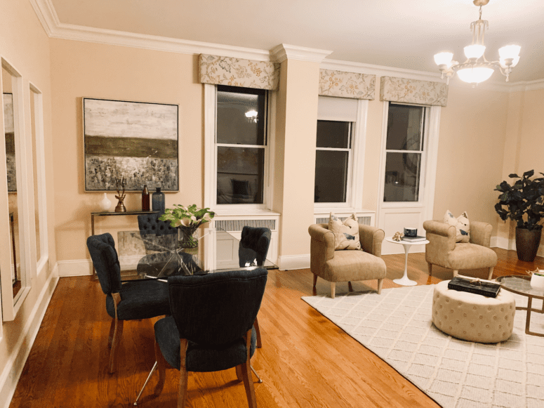 Floral valences in a living room.