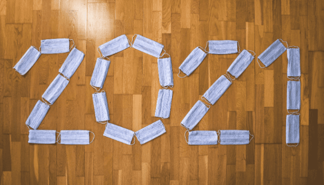 A collection of masks spelling out 2021.