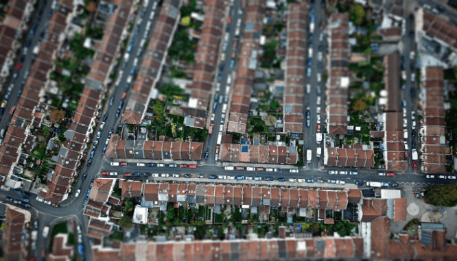 An aerial view of houses in 2021.