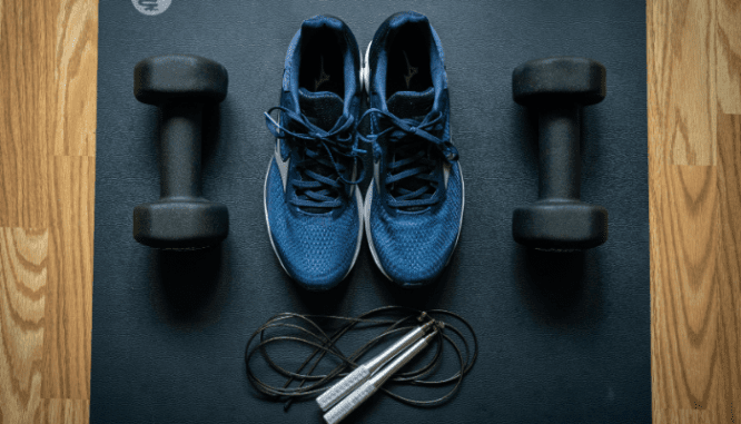 A home gym inside a converted garage.