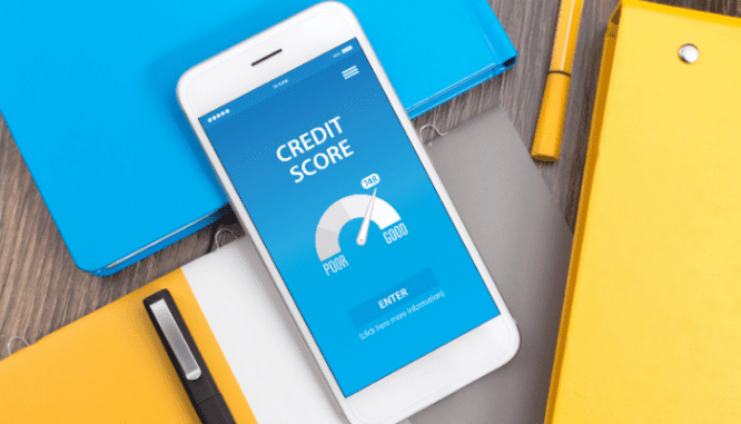 A phone showing a credit score.