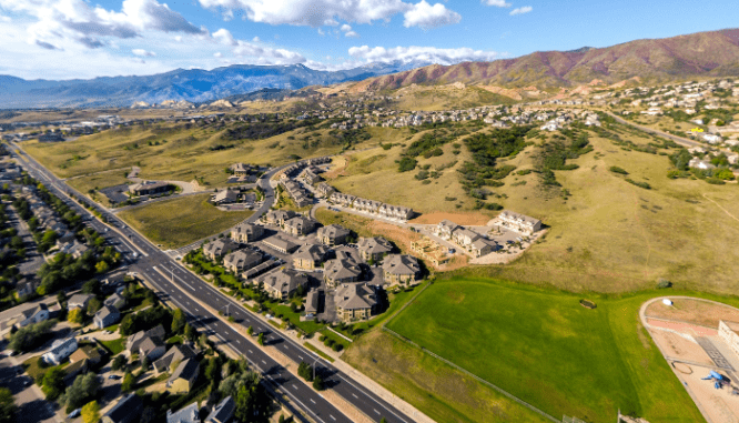 An aerial view of houses using VA loans.
