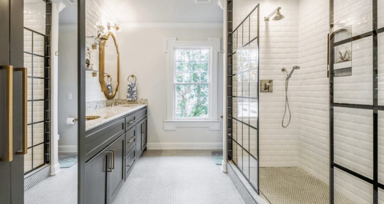 An illustration of a bathroom in a house without a bathtub