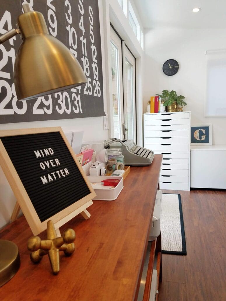 The inside of a backyard office.