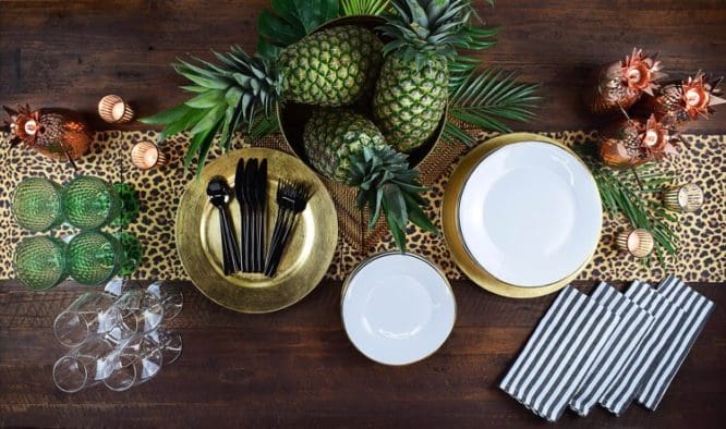 A table with tropical modern decor.