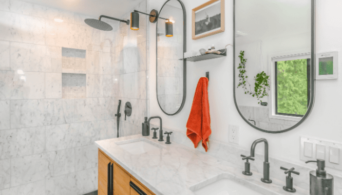 A bathroom that uses water with a septic tank.