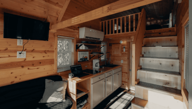 An image of the interior of an A-frame house to depict what an A-frame house is.