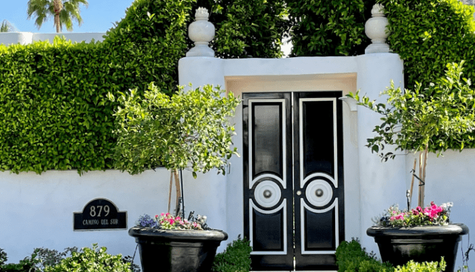 The front entrance of a home you might buy in Palm Springs