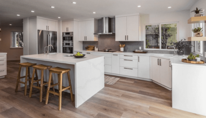 A kitchen with modern interior accents.