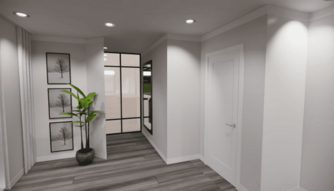 A hallway with a plant used to accent the modern design.