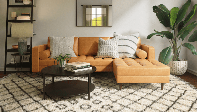 A rug anchored in a modern living room.
