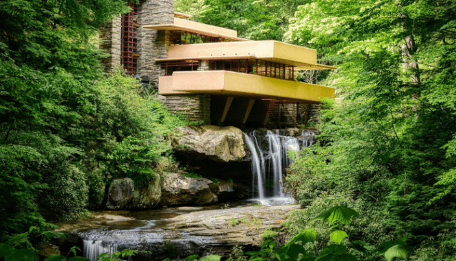 The Falling Water house that displays modernist architecture.