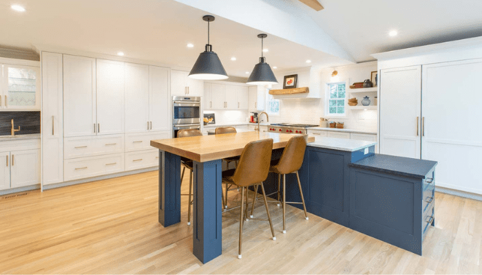 Kitchen island with table.