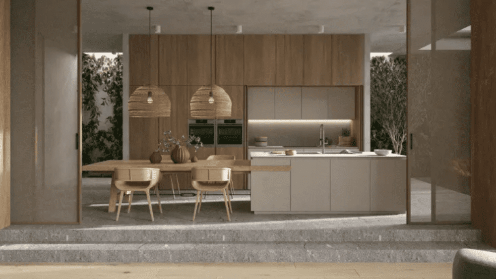 A kitchen island with built in seating.