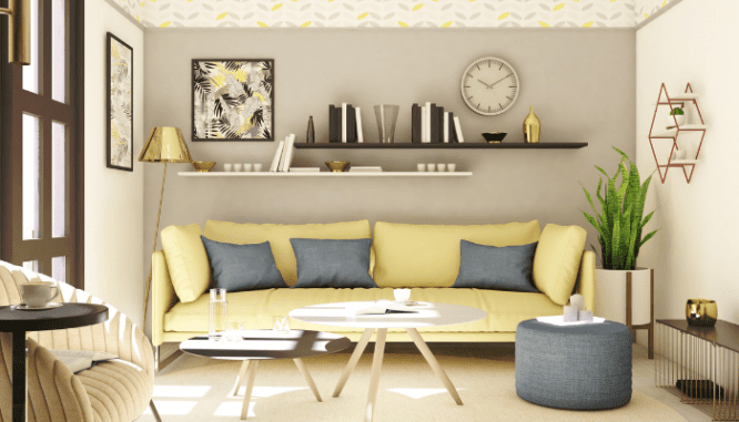 A small living room with floating shelves.