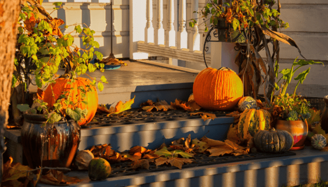 Fall decor on a house, to indicate one of the best times of year to sell.