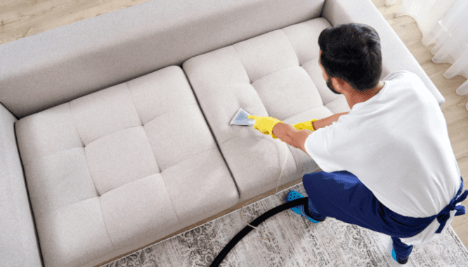 A person deep cleaning a couch.