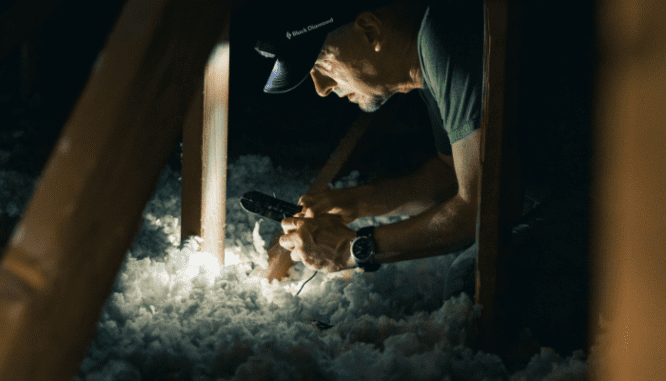 A person doing repairs in an attic, where they might not have had an inspection contingency clause.