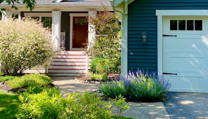 A front walk with greenery, which you may want to add when you remodel before selling.