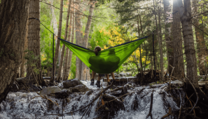 A hammock used while camping in a new spot.