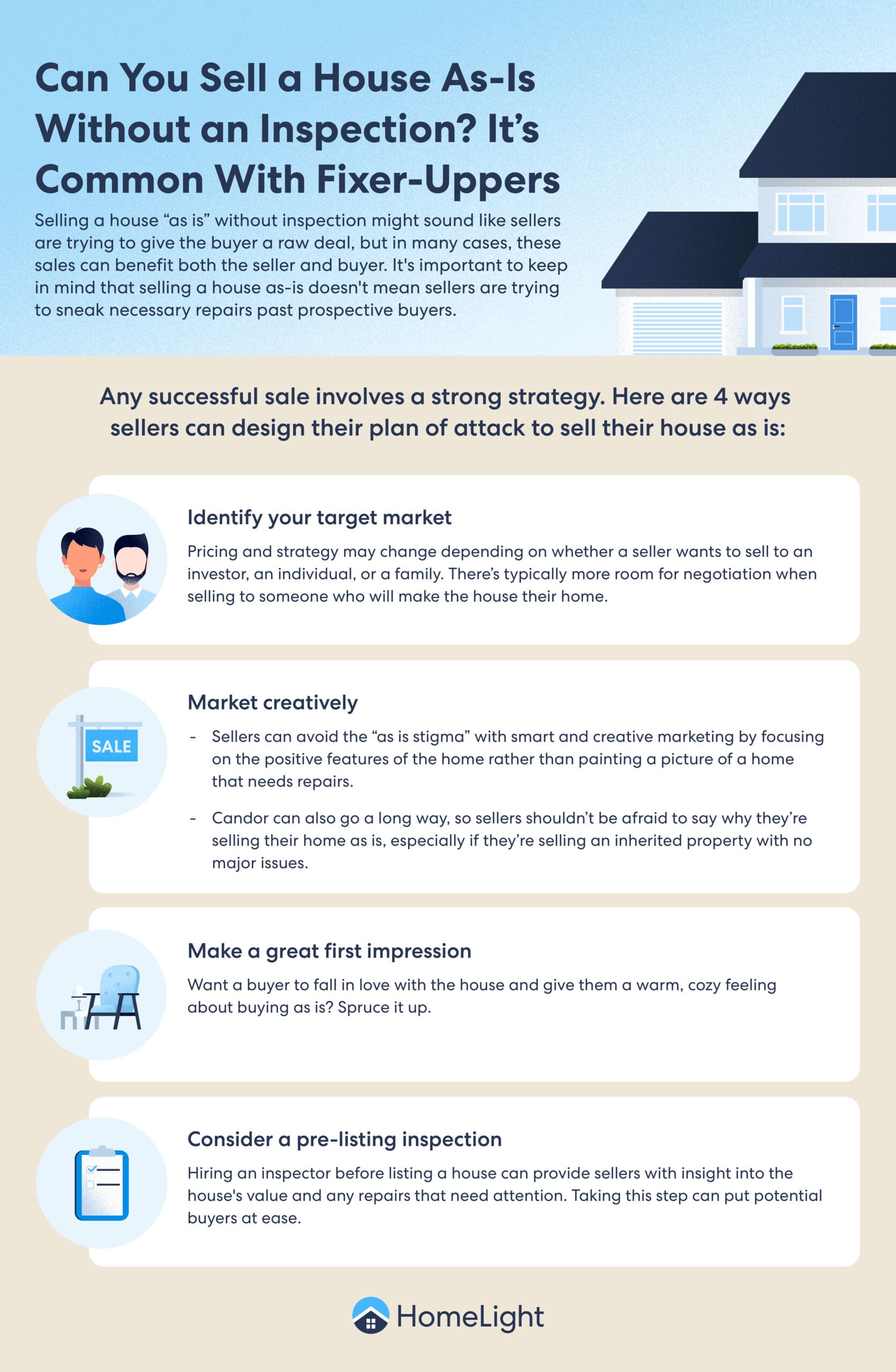 A HomeLight infographic about selling as-is without an inspection?