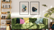 green couch and abstract art in a living room of a house showing