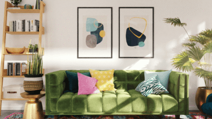 green couch and abstract art in a living room of a house showing