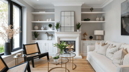A staged living room with a white sofa and shelves that an ibuyer would buy or sell.