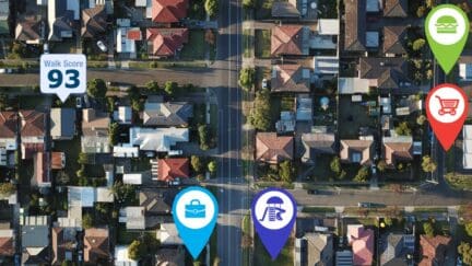 An aerial view illustrating a neighborhood walk score by address.