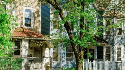A row of attached houses in a neighborhood of Chicago during the spring.
