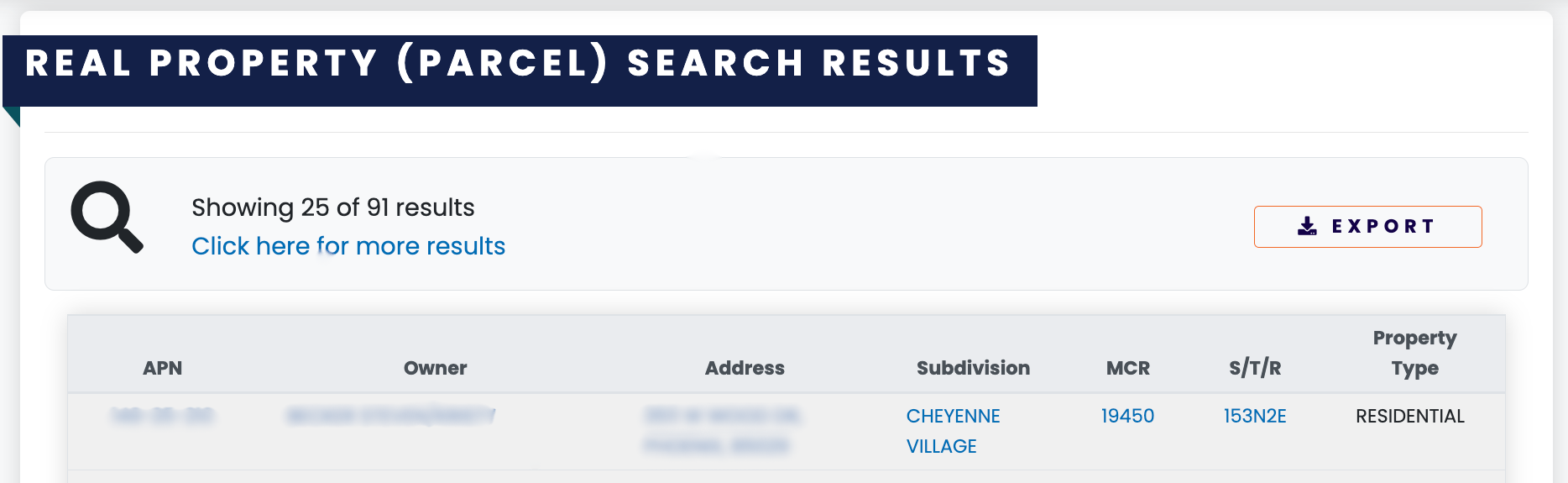 Real Property Parcel Search Results page