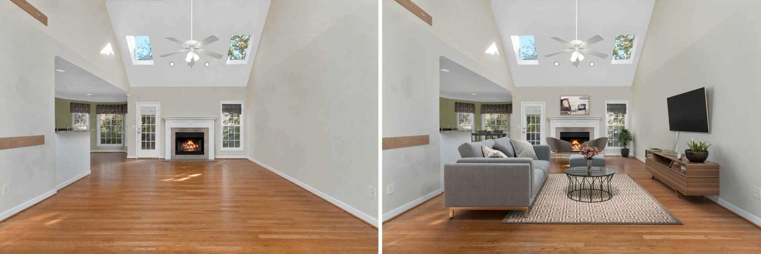 Side by side image showing virtual staging of a living room
