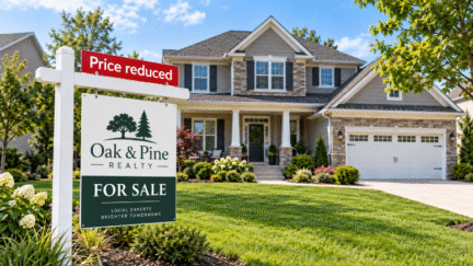 An image of a home for sale with a 'Price reduced" sign.